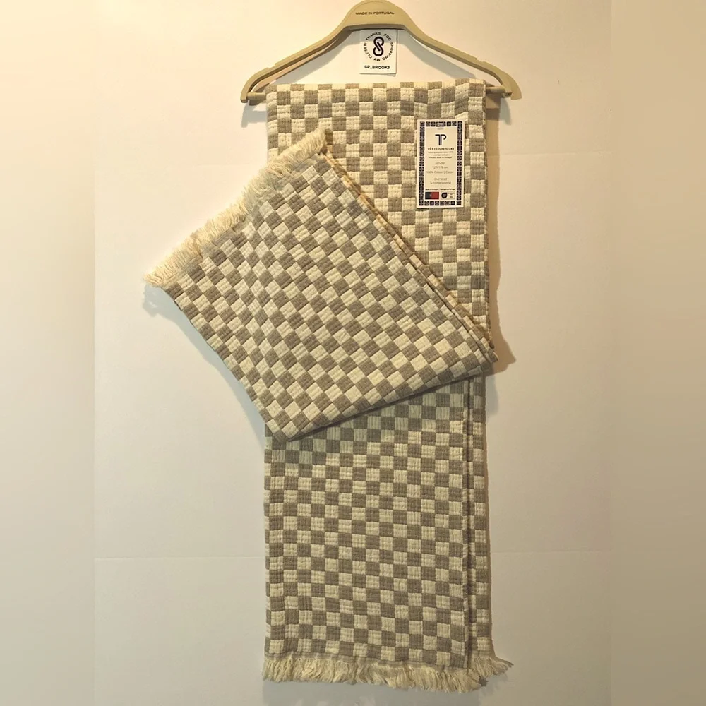 🎁Texteis Penedo Throw Blanket - Mini Check Throw - Taupe & Oatmeal Cotton Check